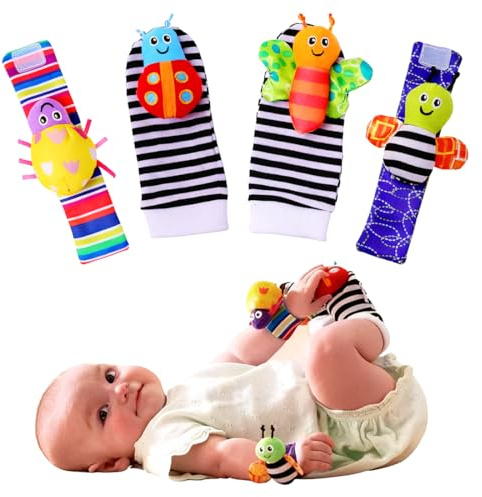 KEQAR 4 Pièces Chaussettes Hochet Bébé, Jouet d'Éveil, Bracelet et Chaussettes avec Peluche, Tissu Doux, Chaussettes Hochet Animaux pour Garçons et Filles (0-6 Mois) (A)