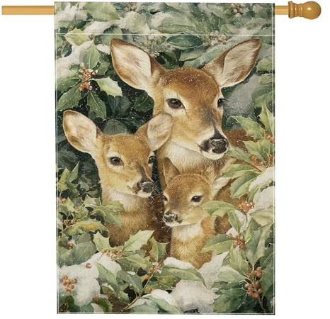 Bandera de casa de ciervo, hojas de acebo de vida silvestre de invierno verde de doble cara de arpillera decorativa para porche exterior para patio al aire libre, patio, césped, entrada, balcón, 28 x