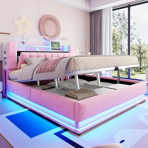 Dolamaní Polsterbett Doppelbett 180x200 cm, Hydraulischem Bett mit Stauraum, Jugendbett mit LED-Beleuchtung und USB, Boxspringbett mit Bettkasten, Fabric Upholstered, ohne Matratze (Rosa)