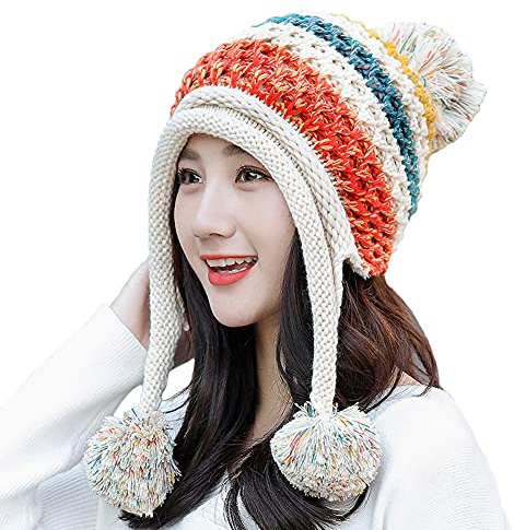Xinqiao Bonnet péruvien d'hiver pour femmes en tricot doublé polaire avec rabats d'oreilles et pompon, beige, Taille unique