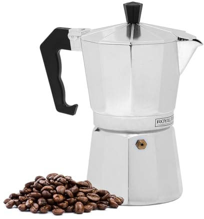 Royalford Moka Express Stovetop Coffee Maker | Aluminium Italian Coffee Maker Pot | Cafeteria Percolator for Ground Coffee Latte Mocha Cappuccino Macchiato | Gasket & Filter Included, 150ML, 3 Cups
