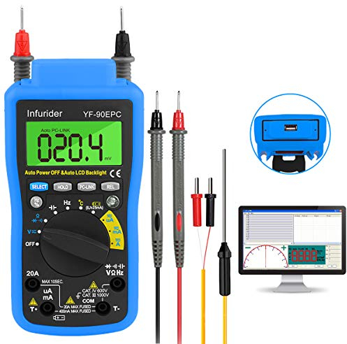 INFURIDER Digital Multimeter,4000 zählt Auto-Ranging YF-90EPC Voltmeter Amperemeter für AC/DC Spannung und Stromstärke, Ohm, Kapazität, Temperatur, Batterietest mit USB-Verbindung zum Computer