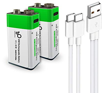 USB 9V Lithium Ionen Aufladbare Akkus Hochleistungs 650mAh wiederaufladbare batterien 9V Akku, 1,5 Stunden Schnellladung, 1200 Zyklen mit Typ C Ladekabel, Überladeschutz, 2 Stück