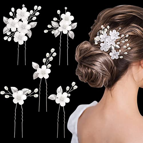 MELLIEX 5 Stück Hochzeit Haarnadeln, Blumen Perlen Braut Haarschmuck Silber Brautschmuck Haare U-förmig Hochzeit Haarspangen für Frauen Mädchen