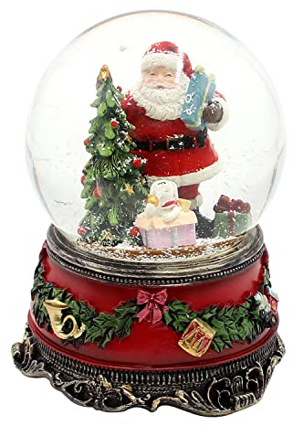 Dekohelden24 Grande palla di neve, Babbo Natale con cane e regali, con suono su base finemente decorata, dimensioni (L x P x A): 10 x 10 x 14 cm, sfera Ø 10 cm