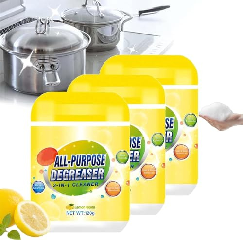 Sgrassatore multiuso per una pulizia intensa, 3 in 1, potente sgrassatore da cucina, polvere detergente multiuso per cappe, controsoffitti, forni, pentole, grill, lavello ed elettrodomestici (3 pezzi)