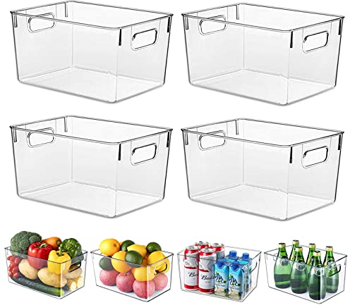 Fridge Organiser with Handles, 4 Pack Clear Pantry Organizer Bins, Food Storage Basket for Kitchen, Countertops, Cabinets, Refrigerator, Freezer, Bedrooms, Bathrooms, 29x20x15.5cm