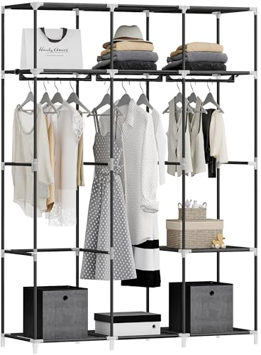 Hzuaneri 130cm Kleiderschrank, Kleiderschränke, freistehende Garderobe, mit Kleiderstangen, Garderobenständer, Stoffablagen, Metallrahmen, 3 Kleiderstangen mit 9 Fächern, schwarz WH31699B