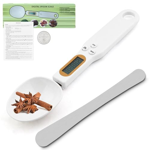 Digitale Löffelwaage, Löffelwaage & Knödelfüllspatel, Digitale Löffel-Waage, LCD-Display, bis 500 g, 0,1 g genau - Wiegelöffel, Küchenwaagen, Küchenhelfer(Weiß+Silber)