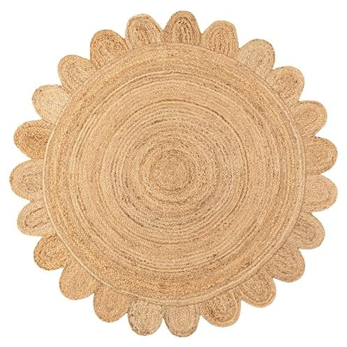 Jaipur Weaver Group 7x7 Ft Feet Natural Jute Scallop Round Rug, Scalloped 'Natural' Edge Color Braided Reversible Rivo Rug Boho Large Circular Handmade Area Rugs, MERN-1-2.5x6
