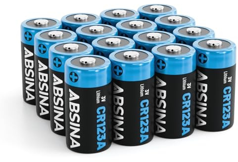 ABSINA 16 x CR123A 3 V litiumbatteri för kameror och mycket mer - CR123A läckagesäkert och långvarigt batteri - CR123A-batterier med 1 300 mAh - CR123-batterier, CR123A 3V, 123-batterier | 16-pack CR123A-batterier läckagesäker och med lång hållbarhet – 3 volts batterier med 1 300 mAh – batterier