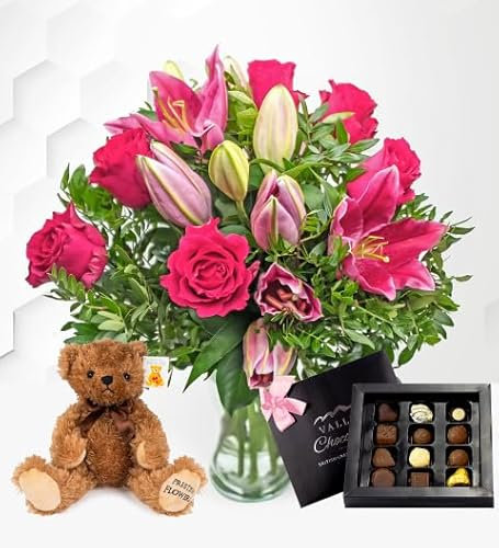 Set Regalo de Rosas y Lirios - Ramo de Flores – Regalo de Flores Frescas para Cumpleaños o Día de la Madre – Arreglo de Lujo con Entrega al Día Siguiente – Sorpresa Elegante para Ella