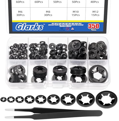 Glarks Lot de 351 rondelles internes en acier 65 Mn M2 M2,5 M3 M4 M5 M6 M10 M12 Vitesse rapide Rondelles de verrouillage Push on