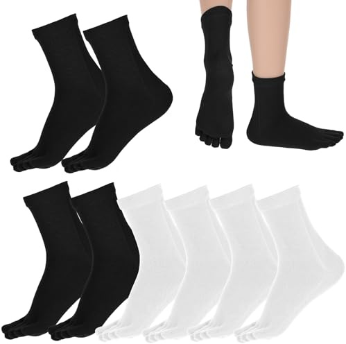 Lnngub 4 Pairs Cotton Five Toe Socks for Women and Men - Athletic Running Crew Socks with Separated Toes (Black, White)