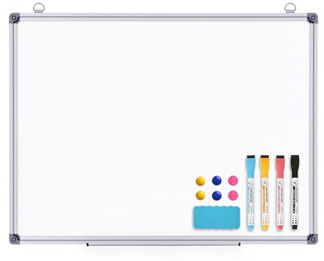 simpa Magnetic Dry Wipe Whiteboard with Silver Aluminium Frame and Pen Tray, 4PC Dry Wipe Pens, 6PC Magnets & White Board Eraser - 60cm (W) x 45cm (H)