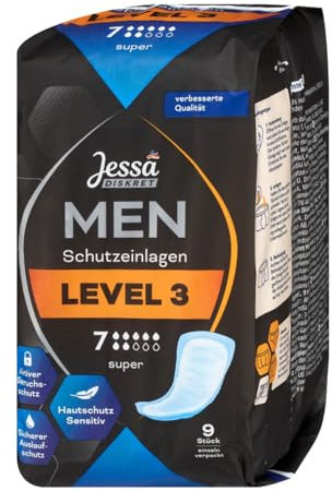 Jessa Diskret Men Einlagen Level 3 Super – Sicherer Schutz bei mittlerer bis starker Blasenschwäche, anatomische Passform, 9 Stück. Inkontinenzeinlagen Männer, Männer Einlagen, Inkontinenzschutz