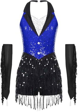 Freebily Vestito da Ballo Latino Americano Donna con Nappe Paillettes Balletto Leotards con Guanti Body Danza Classica Ginnastica Ritmica Abito da Sala da Ballo Danza Samba Blu S