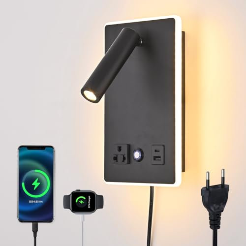 CNMYKYDS Lámpara de lectura de pared de hotel con carga USB, enchufe e interruptor - Lámpara de lectura de dormitorio y lámpara de cabecera (Negro (rectángulo)​)