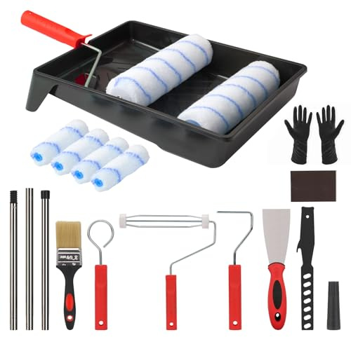 Farbroller-Set, 16-teiliges Farbrollen- und Tablett-Set mit Verlängerungsstange, Pinsel, Rollenschaum, Mikrofaserrollenabdeckung, Farbschaber und Handschuhen, Malwerkzeug-Kit zum Streichen von Wänden