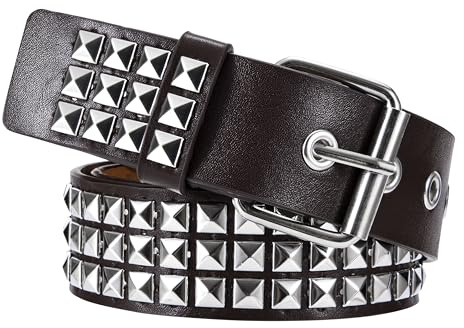 Yesaler Ceinture Cloutée Ceinture à Rivets Rock Punk en Cuir PU avec Clous Pyramidaux Brillante pour Femme et Homme Accessoires Vêtements Gothiques (Marron)