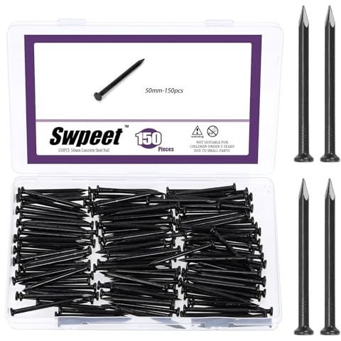 Swpeet Set di 150 chiodi neri per hardware da 2, chiodi in acciaio, chiodi zincati da 3,3 x 50 mm, piccoli chiodi, chiodi da parete, chiodi in legno, chiodi per calcestruzzo