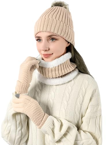 MAZELIKEHOOD Hat Scarf Gloves Set for Women 3Pcs Warm Knitted Beanie Hat Gloves Winter Ladies Scarf Neck Warmer 3 in 1 Cold Weather Set