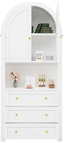 Azkoeesy Armario alto de cocina con 3 cajones, 180 x 70 x 35 cm, buffet, estantería, para salón y comedor, color blanco con asas doradas