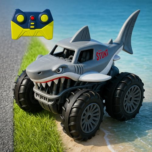 Toyana Remote Control Cars for Kids, 2.4 GHz Rechargeable RC Stunt Car, Durable Waterproof Mini Shark Monster Truck, Indoor Outdoor, On-Road Off-Road Gift for Children 3+ Years