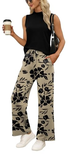 WIHOLL Two Piece Lounge Wear Sets for Women UK Summer Outfits Travel Airport Beach Vacation Mock Neck Sleeveless Tops Wide Leg Pants