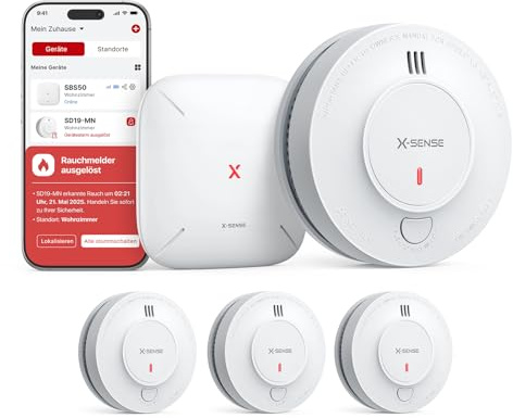 X-Sense Rilevatore di Fumo Wi-Fi, Batteria Sigillata da 10 Anni (Senza Manutenzione), Allarme con Notifiche App in Tempo Reale, Certificato EN 14604, SD19-MN31, 3 Rilevatori e 1 Stazione Base