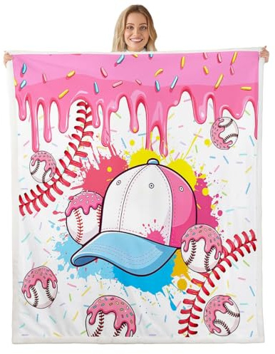 Loussiesd Manta de béisbol Sherpa de felpa rosa con diseño de helado, goteo, salpicaduras, manta de forro polar para niños y niñas, béisbol para cama, sofá, silla, sala de estar, sóftbol, dormitorio