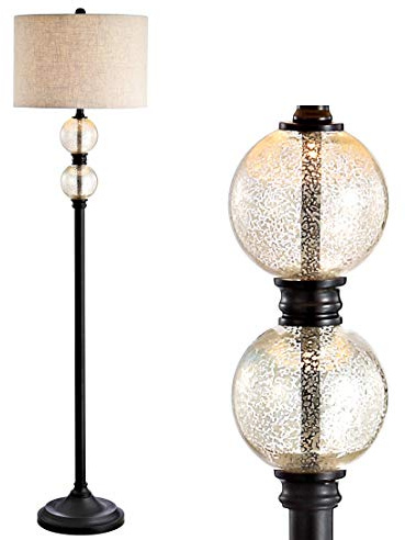 JONATHAN Y 60 Oil Rubbed Bronze Mercury Glass LED Floor Lamp, Traditional Tall Standing Lamp for Living Room, Grey Linen Drum Shade, Foot Switch, LED Bulb Included JYL1016A
