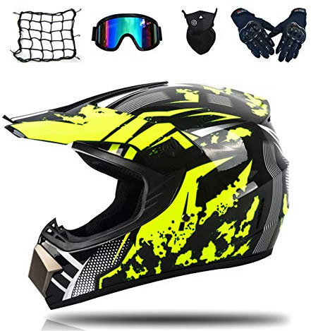 Motocross Helm, MRDEAR Fullface MTB Helm Motorrad Crosshelm mit Brille (5 Stück) Off Road Schutzhelm Motorradhelm für Kinder Herren Damen Sicherheit Schutz, DOT-Zertifikat, 3 Stile Verfügbar,Gelb,M