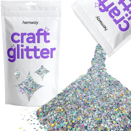 Hemway Craft Glitter Silver Holographic Stars 100g Shaped Glitter | for Crafts, Resin, Cosmetic, Nail, Face, Body, Festival, Tumblers, Art, Candle, Crafting