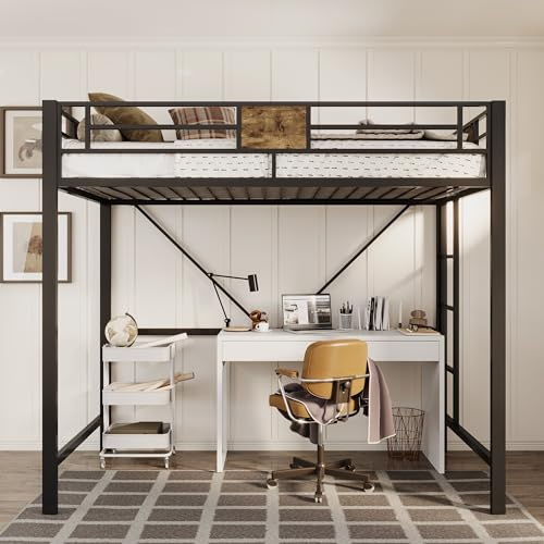 Allewie Metal Twin Size Loft Bed Frame with Stairs & Guardrail, Small Space Saving Furniture for Bedroom Kid Room and Dorm, No Box Spring Needed, Black