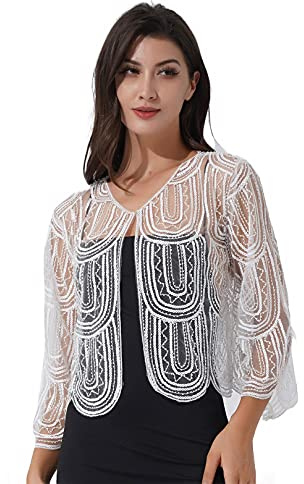 ranrann Femme Boléro Paillette Rétro Vintage 1920s Châle Wraps Brillant Gilet Elégant Mariage Sequin Veste Ouverte Déguisement Costume Soirée Top Blouse A Blanc Taille Unique