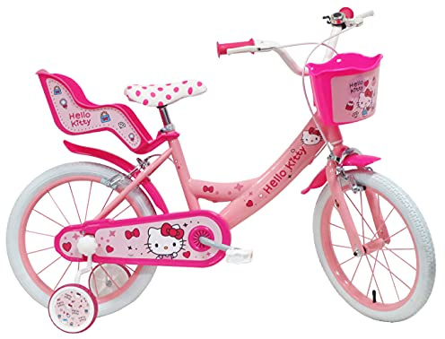 Denver Bike Bicicletta Bambina 16 Pollici Licensed Hello kitty, 4-6 Anni, Rotelle Removibili, Freni Caliper Anteriore/Posteriore, Telaio Acciaio, Ruote Gonfiabili, Trombetta e Portabambola