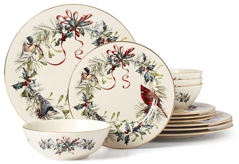 Lenox 894540 Winter Greetings 12-Piece Dinnerware Set, Red & Green, 12 Count, Christmas, Holiday Hosting