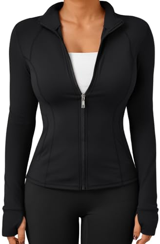 Trendy Queen Womens Lightweight Zip Up Jackets 2026 Athletic Workout Hoodies Spring Shirt Fitted Gym Clothes with Pocket Black S