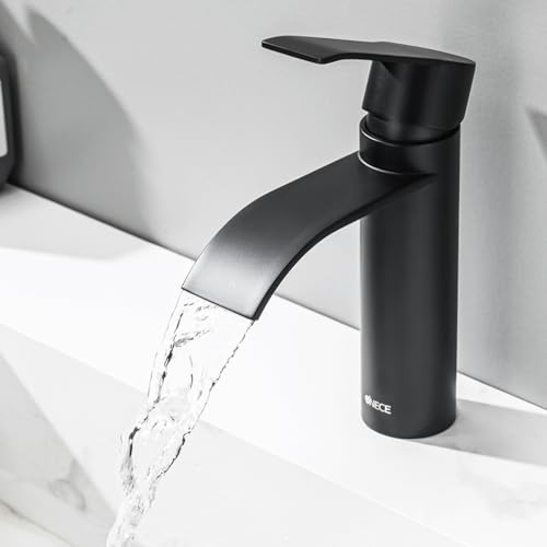ONECE Grifo de Lavabo Negro, Grifería para Baño Cascada, Mezclador Monomando dal Design Unico, Acero Inoxidable 304, Función Frío y Caliente, Válvula de Cerámica