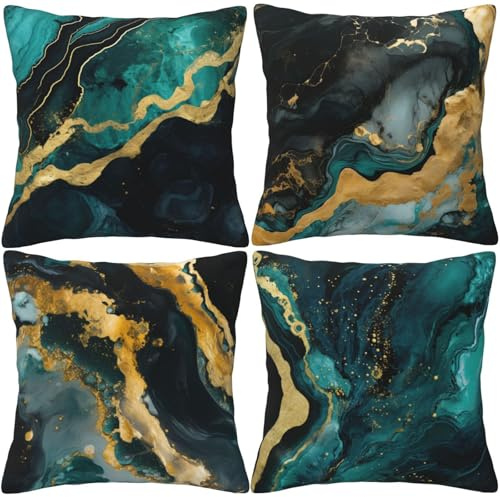 HOSTECCO Green Abstract Cushion Covers 45x45 cm Set of 4 Green and Gold Marble Print Pillow Cases Modern Decorative Patterned Pillow Covers for Sofa Couch Living Room