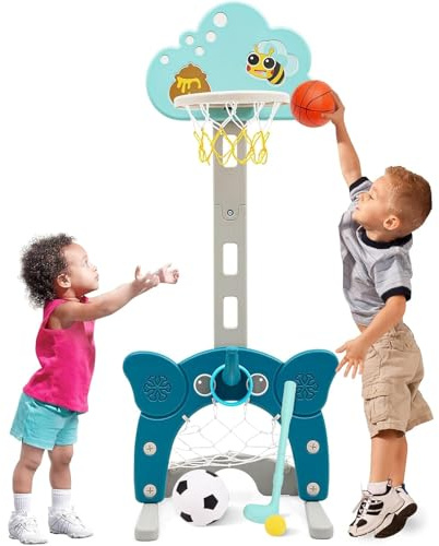 Panier de Basket Enfant 4 en 1,Hauteur réglable,Panier de Football,Jeu de Lancer D'anneaux - Idéal pour l'intérieur et l'extérieur - Favorise l'activité Physique pour Les Tout-Petits