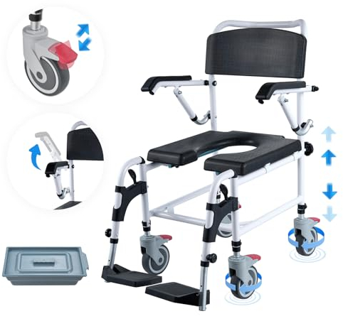 VEVOR Shower Commode Wheelchair with 4 Lockable Wheels, Footrests, Flip-up Arms, 3-Level Adjustable Height, 5L Removable Bucket, 350 LBS Capacity, Commode Chair for Adults Seniors
