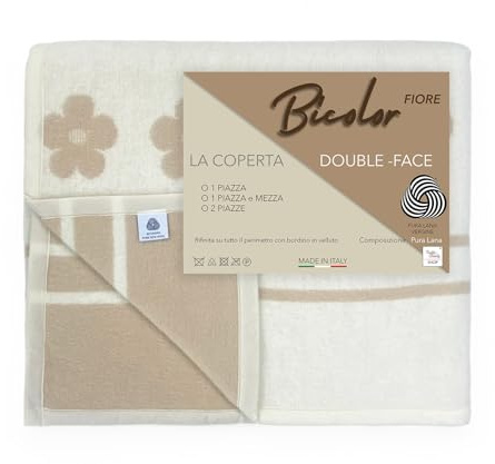 Tex family Manta de lana – Bicolor flor – pura lana virgen – Doble cara – Avellana claro/oscuro – Cama individual 1 plaza – 150 x 210 cm