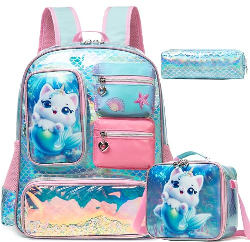 HTgroce Skolväska Flicka Primary Ryggsäck Barn Ryggsäck Flickor Skolryggsäck med lunchväska + barnväska, student, skolväska, fritid, resor, A-blå katt, 42 cm, Modern design