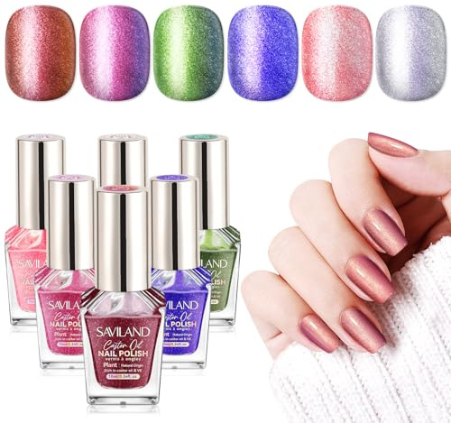 SAVILAND Chameleon Nail Polish Set: 6 Colors Nail Varnish Quick Dry Glitter Nail Polishes Holographic Metallic Nail Polish with Castor Oil & Vitamin E Nail Lacquer Kit for Finger Nail Women Gift Set