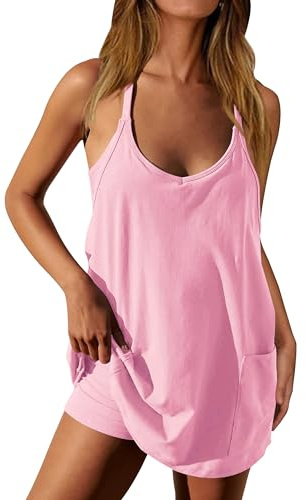 VIUTIL Womens Athletic Dress Built in Shorts Hot Shot Mini Dress Spaghetti Straps Tennis Workout 2026 Summer Romper Dress, Pink, Small