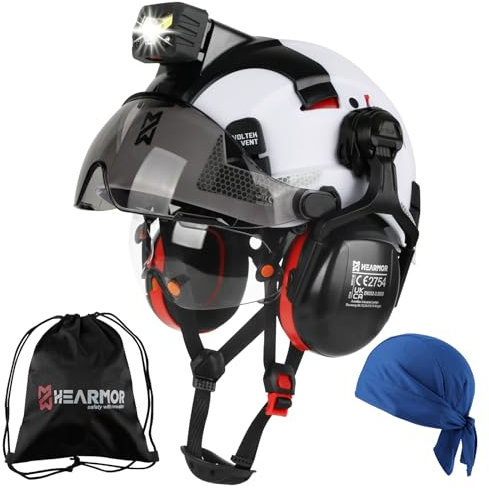 HEARMOR VOLTEK CE EN397 Casco de protección industrial con linterna LED + visera y protección auditiva | Para trabajos forestales, construcción y escalada, casco de trabajo de alta calidad con