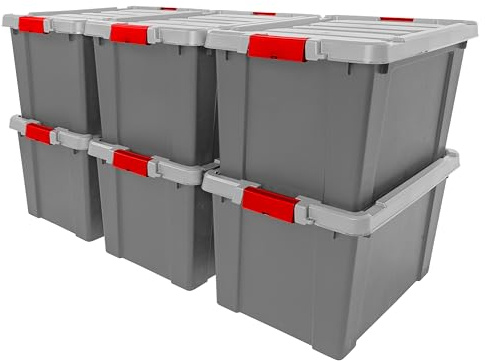 IRIS USA 20 Gallon Lockable Storage Totes with Lids, 6 Pack - Gray, Heavy-Duty Durable Stackable Containers, Large Garage Organizing Bins Moving Tubs, Rugged Sturdy Equipment Utility Tool Box