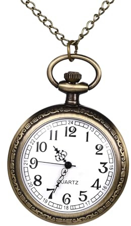 JewelryWe Men Women Pocket Watch: Classic Arabic Numeral Quartz Open Face Vintage Fob Pendant Timepiece with Chain